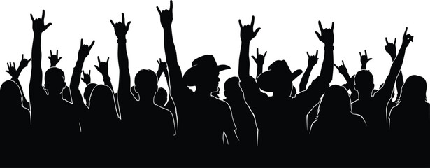 Rock music concert crowd silhouette with devil horns hand gesture, cheering, excitement, and energy at festival event, isolated vector illustration.