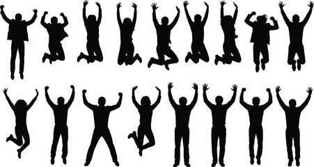 Set of diverse ecstatic people silhouettes jumping high with arms raised, celebrating freedom, victory, success, team spirit, energy, or joy.