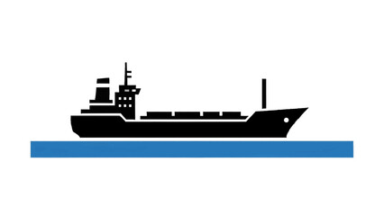 Obraz premium Vector illustration&nbsp;of simple black silhouette icon of a cargo ship or freighter sailing on a blue water line, isolated on transparent background 
