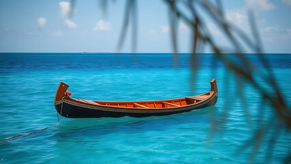 polynesian. A traditional Polynesian canoe with an outrigger float on calm blue ocean water. event programs, museum guides, designed for cultural heritage projects and event programs.