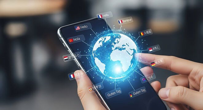 Smartphone screen displays global language translation with digital earth graphic technology