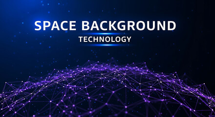 Abstract digital network structure with glowing purple nodes on dark blue space background image