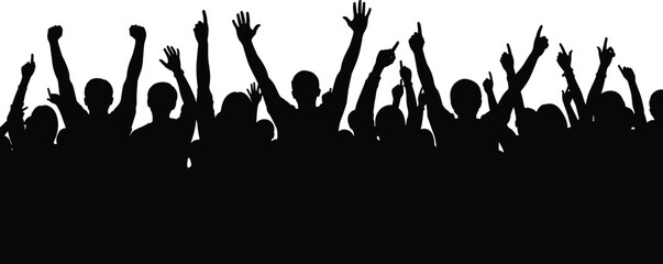 Silhouette of ecstatic crowd cheering loudly with hands raised and pointing fingers, celebrating music concert, success, protest, or party atmosphere.