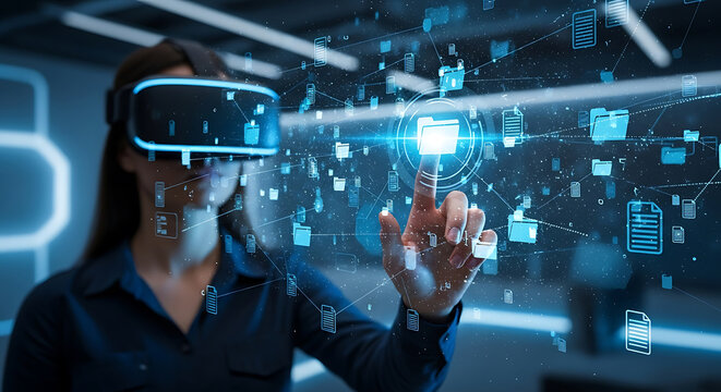 Woman wearing V R headset interacts with glowing digital data interface virtual reality