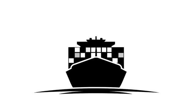 Vector illustration&nbsp;of black silhouette icon of a large cargo container ship viewed from the front, isolated on transparent background 