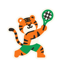 Cartoon Tiger Playing Tennis Illustration. ideal for children&rsquo;s sports materials,  Great for kids&rsquo; activity books, sports ads, and animal-themed creative works.
