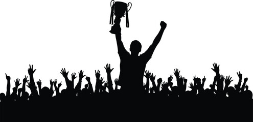 Silhouette of triumphant winner holding up a trophy over cheering crowd, celebrating championship victory, success, sports achievement, or leadership.