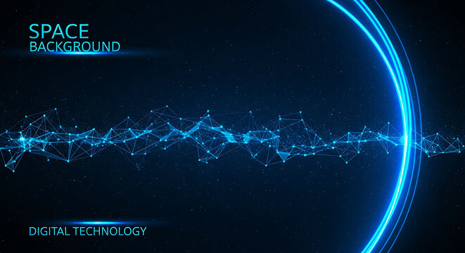 Blue glowing network lines and circles on dark starry background abstract bright