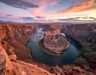 Dramatic sunset illuminates a canyon's horseshoe bend of a river