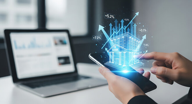Person using smartphone with glowing bank building and stock market graph hand