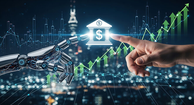 Robot hand and human finger touch bank icon over stock market graph image