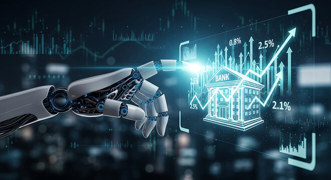 Robot hand touching glowing bank building with financial charts and data image - Powered by Adobe