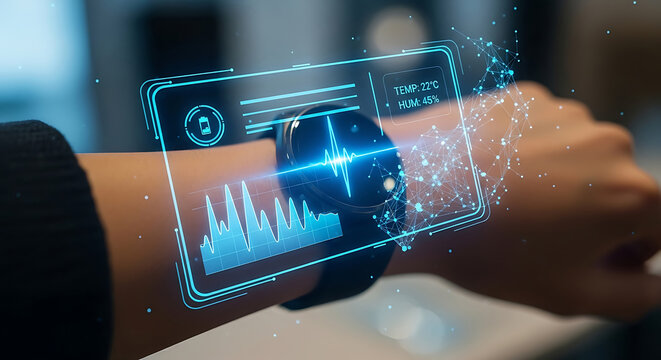 Smartwatch displays heart rate graph temperature and humidity data technology