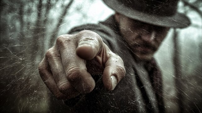 A man wearing a hat and coat points his finger directly at the viewer, with a blurred background of a forest in the rain. The image has a gritty, dramatic, and