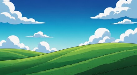 Cartoon illustration of rolling green hills under a bright blue sky filled with fluffy white clouds.