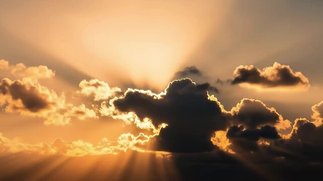 Witness a breathtaking spectacle of nature as golden sunlight bursts through dramatic, voluminous clouds, creating a stunning display of crepuscular rays across the sky. The warm, radiant hues of oran