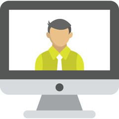 Stylized Digital Avatar Displayed on a Computer Monitor with a Yellow Shirt and White Tie against a Transparent Background