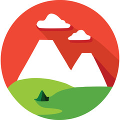 Stylized Digital Illustration of White Mountain Peaks Against a Vibrant Red Circular Sky with Fluffy Clouds Over Rolling Green Hills and a Small Tent Symbolizing Nature and Adventure