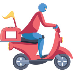 Stylized Delivery Person Riding a Red Scooter with a Yellow Flag and a Cargo Box on a Transparent Background