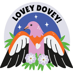 Stylized Dove With Lovey Dovey Text And Floral Accents In Vibrant Colors Isolated On Transparent Background