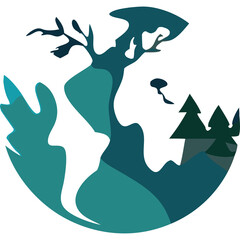 Stylized Earth Globe With Silhouette Tree Forest And Mountain Landscape In Teal Blue And Green Colors Graphic Art