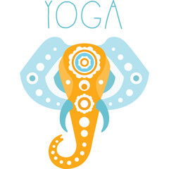 Stylized Elephant Head With Yoga Text Above And Decorative Ornaments Indicating Wellness And Balance In Light Blue And Orange Tones On Transparent Background