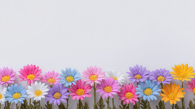 Bright multicolored daisy flowers arranged in a neat row for Chiang Rai Flower Festival theme - Powered by Adobe