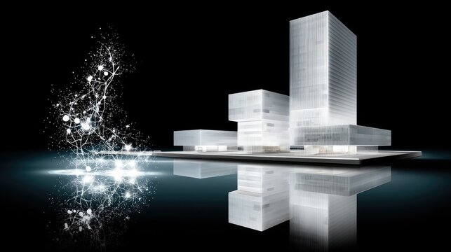 A futuristic architectural model of a complex building with a glowing, abstract network of light emanating from its base against a dark background.