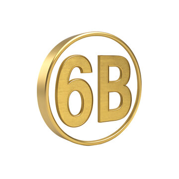 3 D golden number 6 and letter B, inside a circular frame, cutout, PNG isolated on transparent background