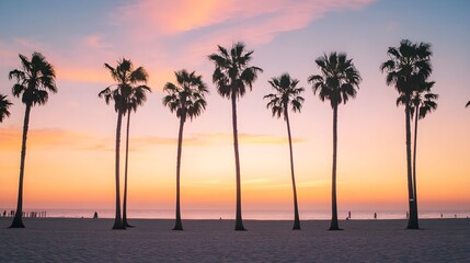 Obraz premium Palm trees silhouetted against a vibrant sunset sky over a serene beach