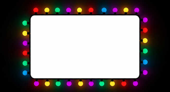 Rectangular blank white screen framed by colorful glowing party lights string bulb