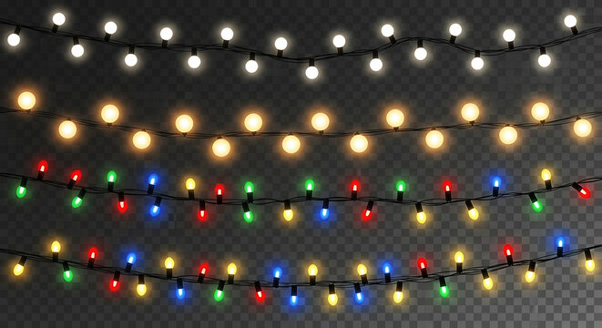 String lights with white yellow red green and blue bulbs on transparent background lamp festive - Powered by Adobe
