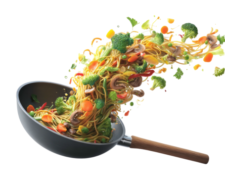 Stir-fry noodles and colorful vegetables spill from a wok