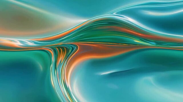 Fluid metallic teal waves flowing in smooth abstract motion. Glossy liquid turquoise swirl with vibrant orange highlights. Dynamic teal&ndash;orange liquid curves in flowing abstract art