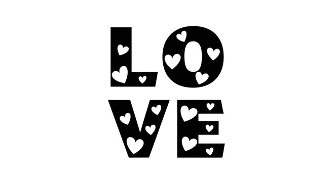 Stylized love typography composition featuring hearts within black bold letters design