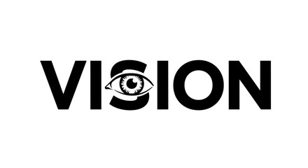Vision graphic featuring stylized eye illustration within bold typography element