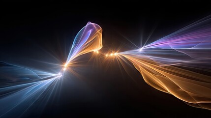 Two streams of colorful light, one blue and one orange-purple, converge towards a central point with bright starbursts and glowing orbs against a dark, abstract