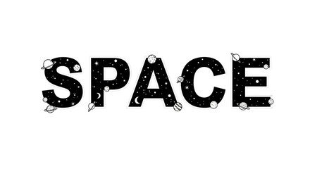 Celestial Exploration: A stylized representation of the word 'SPACE' filled with cosmic elements