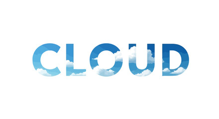 Cloud text with a blue sky and fluffy clouds inside letters on white backdrop