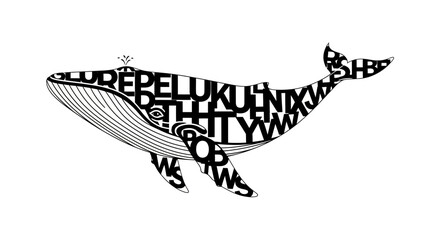 Abstract whale typographic illustration with unique letter arrangements and detailed linework