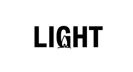 Conceptual typographic illustration showcasing the word light with a flame symbol illumination