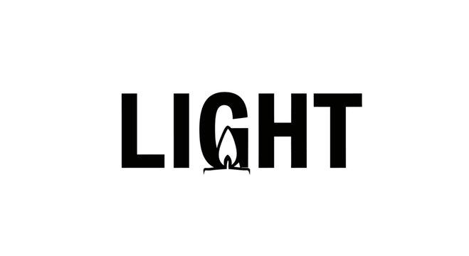 Conceptual typographic illustration showcasing the word light with a flame symbol illumination
