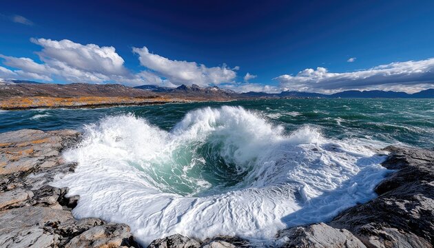 A powerful ocean whirlpool forms as waves crash against a rugged, rocky shoreline under a dramatic blue sky with scattered clouds. The water is a deep turquoise