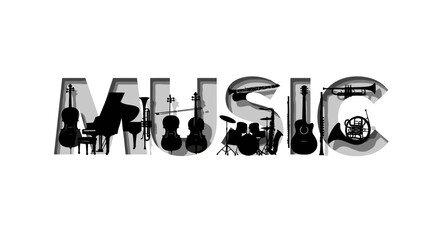 Musical instruments create the word music artistic and detailed composition showing multiple © Anisah