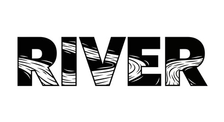 River word art with water pattern filling letters creating nature typography graphic