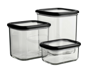 Three clear food storage containers with black lids