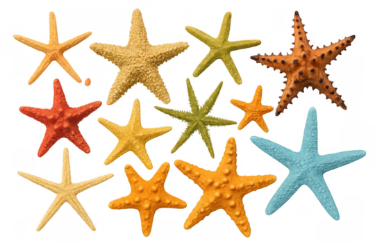 Starfish collection showing various colorful sea creatures and marine life with different shapes and textures, transparent background