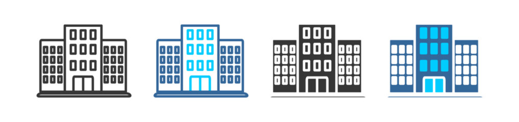 office building icon set multiple style collection	