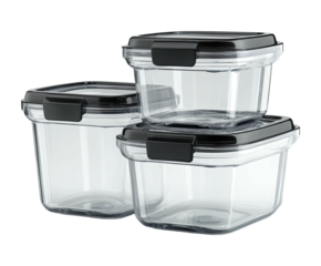 Stackable, square, clear plastic food storage containers with black lids