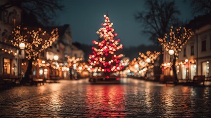 Festive Christmas tree with lights on a decorated street at night.